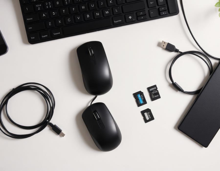 Mouses, teclado, cabos e cartões de memória sobre a mesa