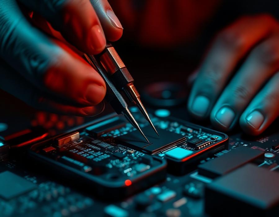 Técnico realizando reparo em placa de smartphone